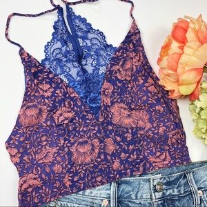 Free People Blue and Pink Lace Trim Cami